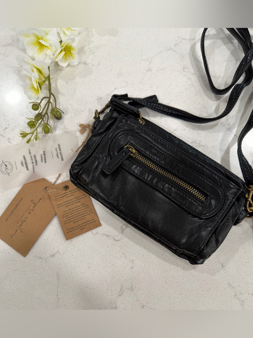 Black vegan Leather Crossbody Bag with Front Zip Accent by